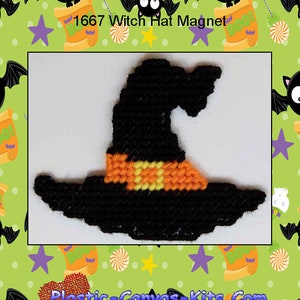 May include: A black witch hat with an orange and yellow striped band. The hat is a plastic canvas kit for a magnet. The image includes the text "1667 Witch Hat Magnet" and "Plastic-Canvas-Kits.Com".