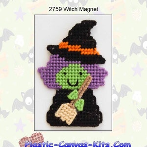 May include: A plastic canvas pattern for a witch magnet. The witch is green and purple with a black hat and broom. The pattern is on a white background with a Halloween theme.