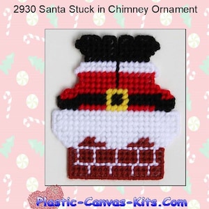 May include: A plastic canvas pattern for a Christmas ornament depicting Santa Claus stuck in a chimney. The pattern is red, white, and black with a yellow buckle on Santa's belt. The pattern is titled "2930 Santa Stuck in Chimney Ornament".
