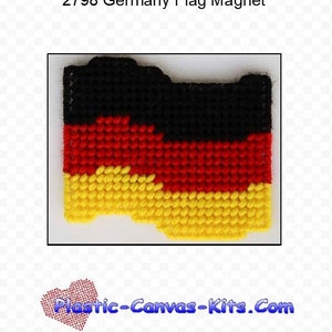May include: A plastic canvas pattern for a German flag magnet. The pattern is in black, red, and yellow. The pattern is for personal use only and is not to be shared. Finished products can be given as gifts, sold at craft shows, sold on Etsy, etc.