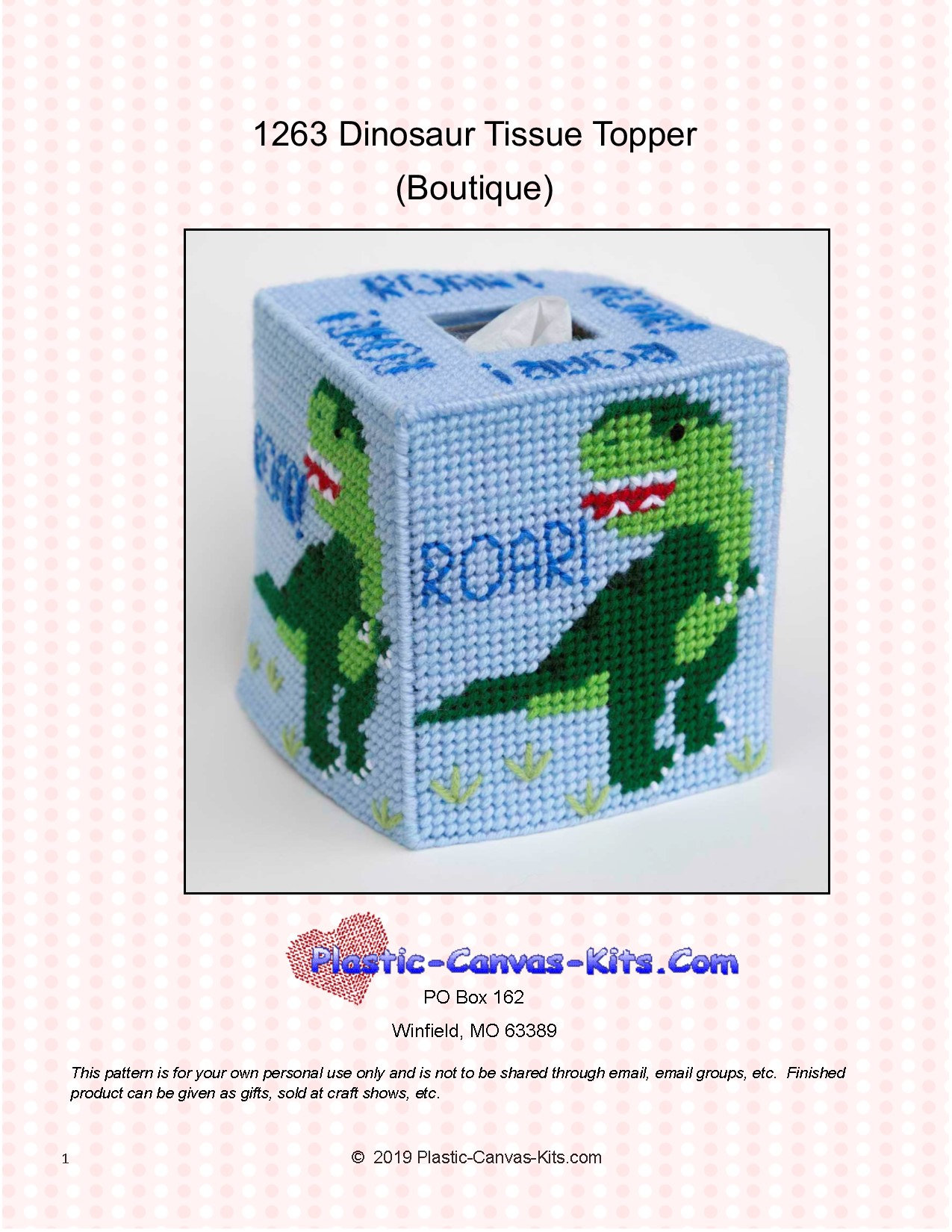 Dinosaur Tissue Topper-plastic Canvas Pattern-pdf Download 