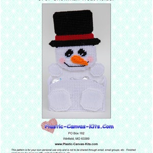 May include: A white snowman with a black top hat and red band, holding a white treat holder. The snowman has a carrot nose, black eyes, and a red mouth. The background is a light blue pattern.