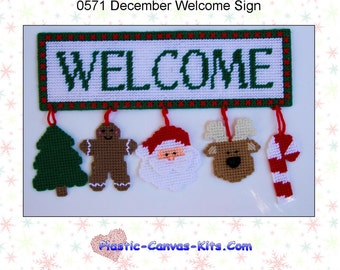 Christmas/December Welcome Sign-Tree, Gingerbread Man, Santa, Reindeer, Candy Cane-Plastic Canvas Pattern-PDF Download