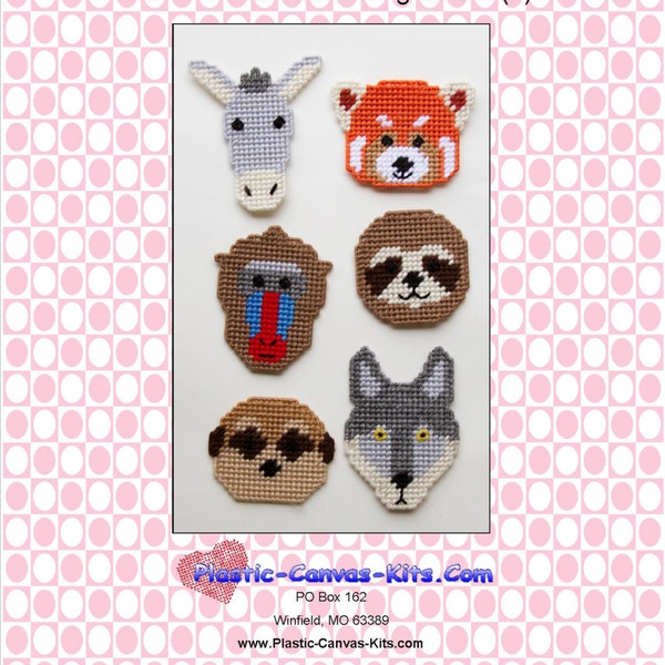 Animal Faces Magnets- Red Panda, Donkey, Sloth, Wolf, Meer Kat, Madrill-Plastic Canvas Pattern-PDF Download