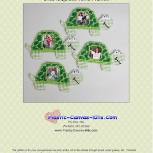 May include: Four green plastic canvas turtle picture frames with magnetic backs. Each frame has a different photo of people inside. The frames are on a white background. Plastic-Canvas-Kits.Com is printed on the bottom of the image.