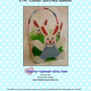 May include: A plastic canvas kit featuring a basket with three Easter bunnies. The bunnies are white with pink ears and blue overalls. The basket is made of plastic canvas and has a handle. The kit includes all the materials needed to complete the project.  Plastic-Canvas-Kits.Com PO Box 162 Winfield, MO 63389 www.Plastic-Canvas-Kits.com