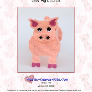 May include: A pink plastic canvas pig catchall craft pattern. The pattern is for a pig with pink ears, a pink body, and black eyes. The pig is standing on two pink feet. The pattern is titled "2597 Pig Catchall".