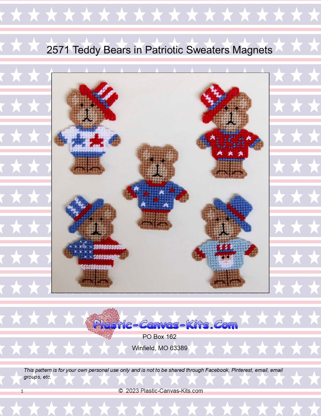 Teddy Bears in Patriotic Sweaters Magnets-plastic Canvas Pattern-pdf ...