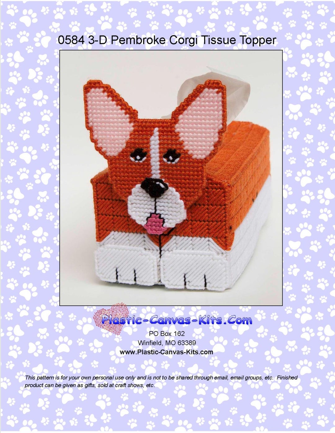 Pembroke Welsh Dog 3D Tissue Topperplastic Canvas Patternpdf