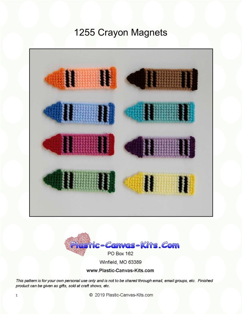 May include: A set of six colorful crayon magnets, each with a black stripe pattern. The crayons are orange, brown, blue, turquoise, pink, purple, green, and yellow. The magnets are labeled "1255 Crayon Magnets".