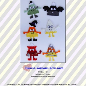 May include: Set of six Halloween-themed candy corn character magnets. The characters are a ghost, a vampire, a witch, a zombie, a devil, and a snowman. Each character is made of plastic canvas and has a different color scheme. The magnets are perfect for adding a festive touch to your home decor.