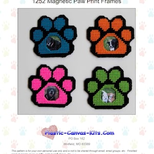 May include: Four plastic canvas paw print frames with black outlines. The frames are in blue, orange, pink, and green. Each frame has a photo of a dog inside.