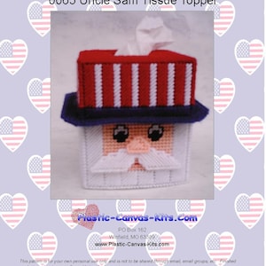 May include: A plastic canvas tissue box cover featuring Uncle Sam with a red, white, and blue striped hat and a white beard. The cover is decorated with red, white, and blue stripes. The text "0065 Uncle Sam Tissue Topper" is at the top of the image. The text "Plastic-Canvas-Kits.Com" is at the bottom of the image.
