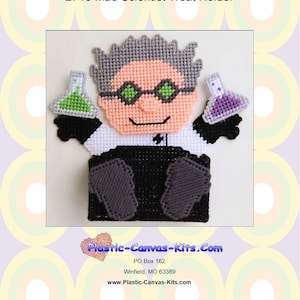 May include: A plastic canvas pattern for a mad scientist treat holder. The pattern features a cartoon scientist with green goggles, a white lab coat, and two beakers. The text "2746 Mad Scientist Treat Holder" is at the top of the image. The text "Plastic-Canvas-Kits.com" is at the bottom of the image.