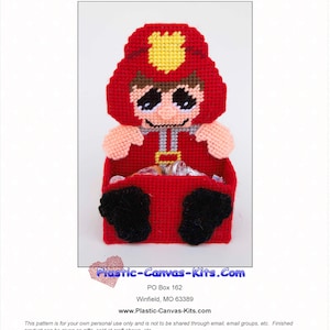 May include: A red and yellow plastic canvas pattern of a firefighter holding a treat holder. The pattern is titled "0771 Fireman Treat Holder" and includes the website "Plastic-Canvas-Kits.com".