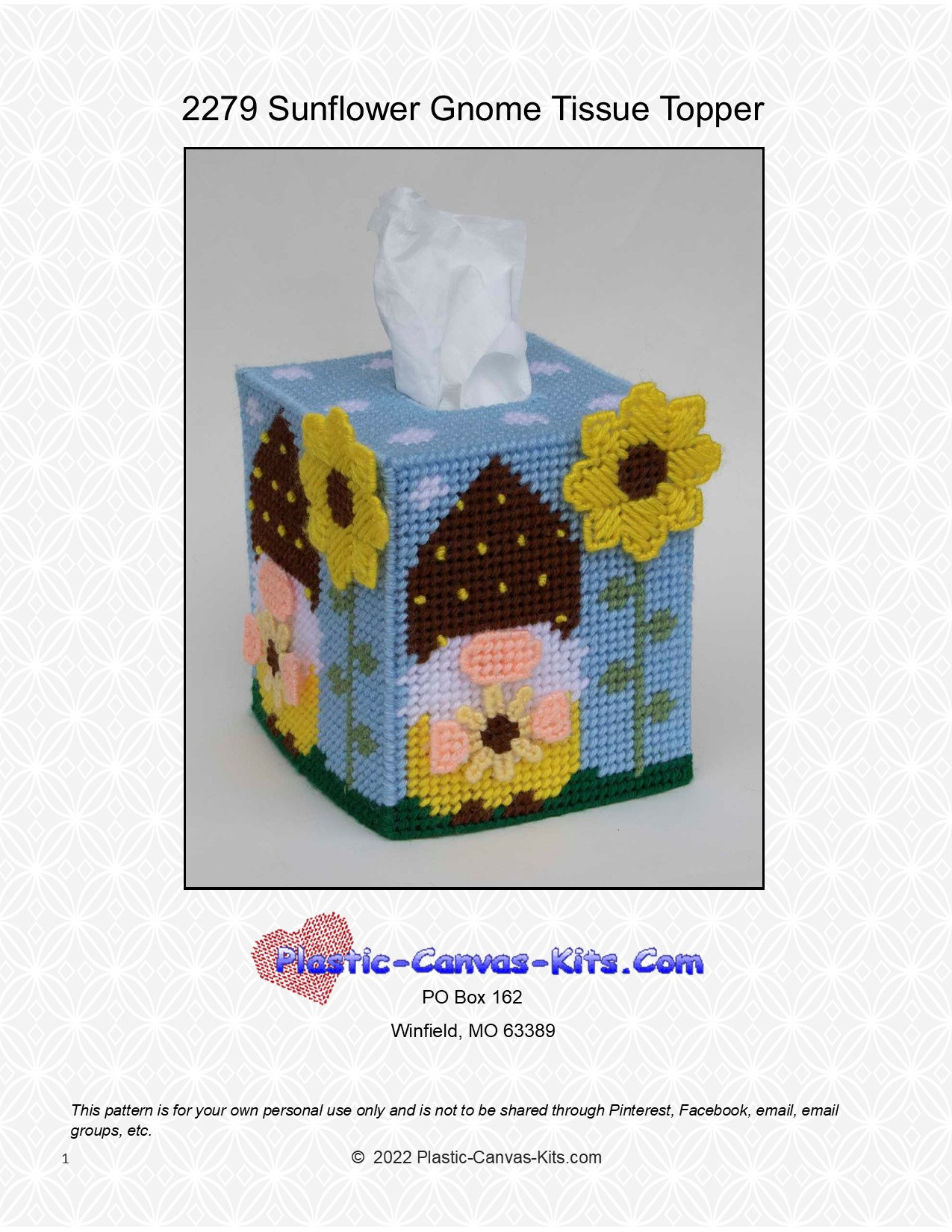 Sunflower Gnome Tissue Topper-plastic Canvas Pattern-pdf Download