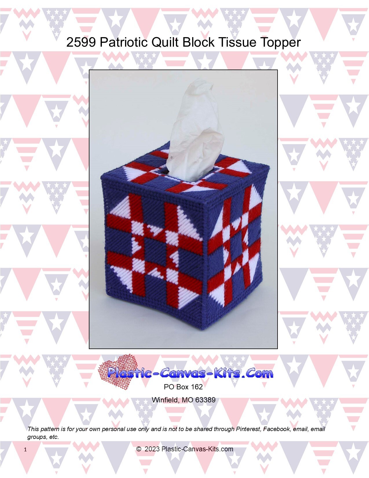 Patriotic Quilt Block Tissue Topper-Plastic Canvas Pattern-PDF Download