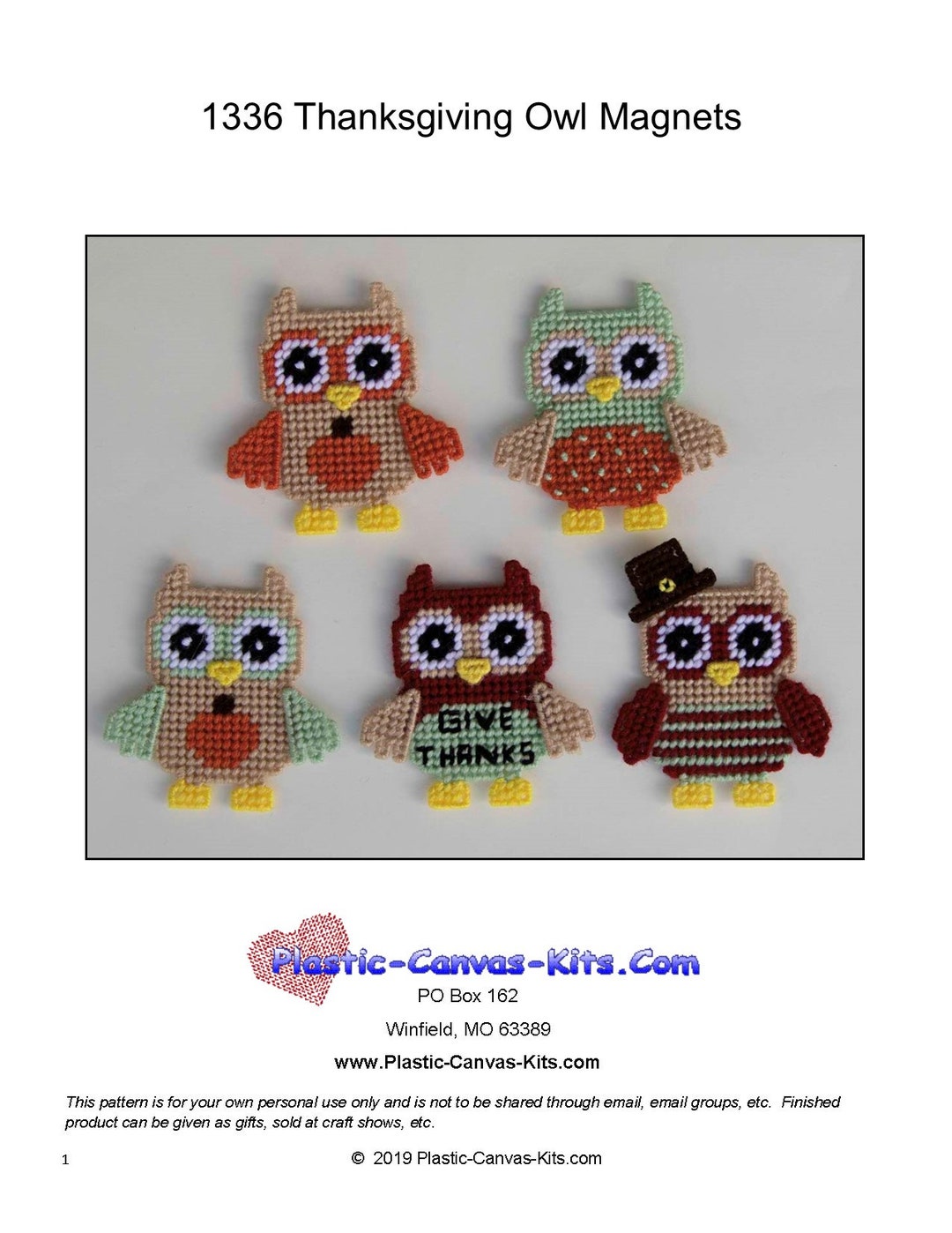 Thanksgiving Owl Magnets-plastic Canvas Pattern-pdf Download 