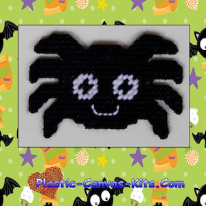 May include: Black and white plastic canvas spider magnet with a smiling face. The spider is on a green background with bats and stars.