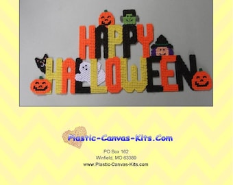 May include: A plastic canvas wall hanging with the words "Happy Halloween" in black, orange, and yellow letters. The letters are decorated with small plastic canvas figures of a ghost, a black cat, a pumpkin, a witch, and a Frankenstein.