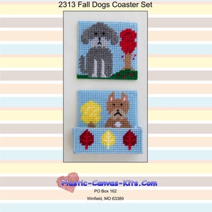 May include: A set of two handmade coasters with a fall dog theme. The top coaster features a gray dog and a red tree. The bottom coaster has a brown dog, yellow and red leaves. The text "2313 Fall Dogs Coaster Set" is at the top.