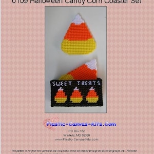May include: A set of two plastic canvas coasters featuring a candy corn design. One coaster is a single candy corn, and the other has three candy corns with the text "SWEET TREATS".