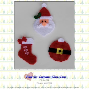 May include: A plastic canvas kit for making three Christmas ornaments: Santa Claus, a stocking, and a Christmas bauble. The kit includes instructions and all the materials needed to create the ornaments.