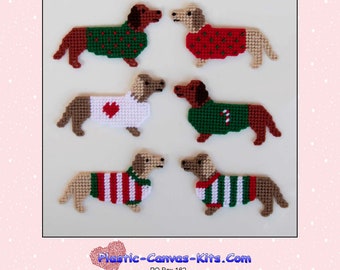 Dachshunds in Sweaters Christmas Ornaments-Dogs-Plastic Canvas Pattern-PDF Download