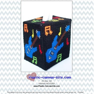 May include: A black plastic canvas tissue box cover with a colorful guitar design. The design includes a blue guitar, red and yellow accents, and the words "Rock On" in white.