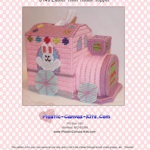 May include: A pink plastic canvas Easter train tissue box topper with a bunny rabbit and Easter eggs. The pattern is available from Plastic-Canvas-Kits.com. PO Box 162 Winfield, MO 63389.