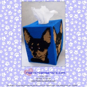 May include: A blue and brown plastic canvas tissue box cover with a miniature pinscher dog design. The pattern is for personal use only and is not to be shared through email, email groups, etc. Finished product can be given as gifts, sold at craft shows, etc.