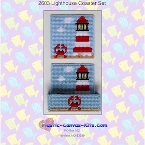 May include: A plastic canvas kit to make two coasters featuring a red and white lighthouse with a crab on a sandy beach. The kit is titled "2603 Lighthouse Coaster Set" and includes the text "Plastic-Canvas-Kits.com, PO Box 162, Winfield, MO 63389".