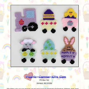 May include: Set of six Easter-themed plastic canvas magnets. The magnets feature a train, a chick, a bunny, a lamb, and two eggs. The magnets are all in pastel colors and have a whimsical design.