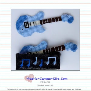 May include: A set of two blue and brown guitar-shaped coasters with a black coaster featuring musical notes. The coasters are made with plastic canvas and are part of a craft kit. The text "Plastic-Canvas-Kits.Com" is printed on the image.