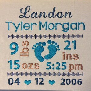 May include: A white fabric panel featuring navy blue and light blue embroidery. The text reads Landon Tyler Morgan, 9 lbs 15 ozs, 21 ins, 5:25 pm, and 04 12 2006. Two light blue baby footprints and two small hearts are centered in the design.