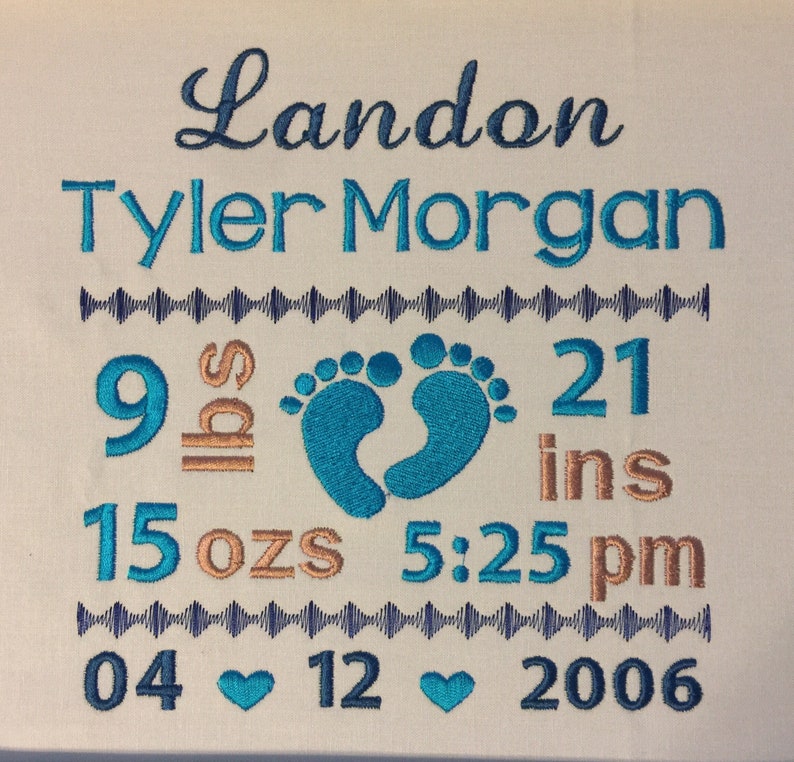 May include: A white fabric panel featuring navy blue and light blue embroidery. The text reads Landon Tyler Morgan, 9 lbs 15 ozs, 21 ins, 5:25 pm, and 04 12 2006. Two light blue baby footprints and two small hearts are centered in the design.