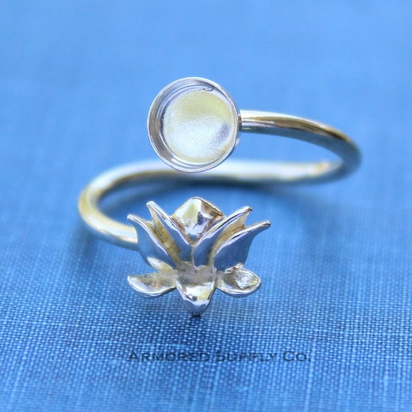 Silver Lotus Flower Wrap Adjustable Bezel Cup Ring blank, Round Cabochon, Breast Milk DIY jewelry supplies, build a ring, wholesale jewelry