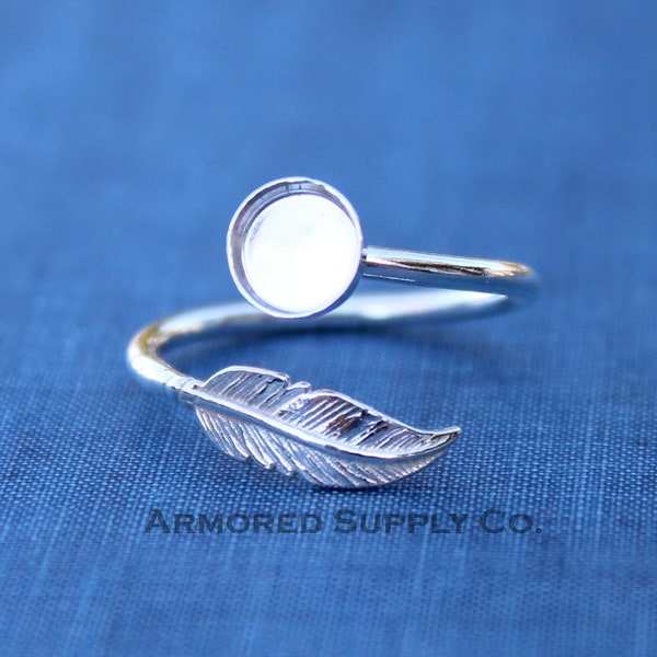 Silver Feather Adjustable Wrap Bezel Cup Ring blank, Round Cabochon, Breast Milk DIY jewelry supplies, build a ring, wholesale jewelry