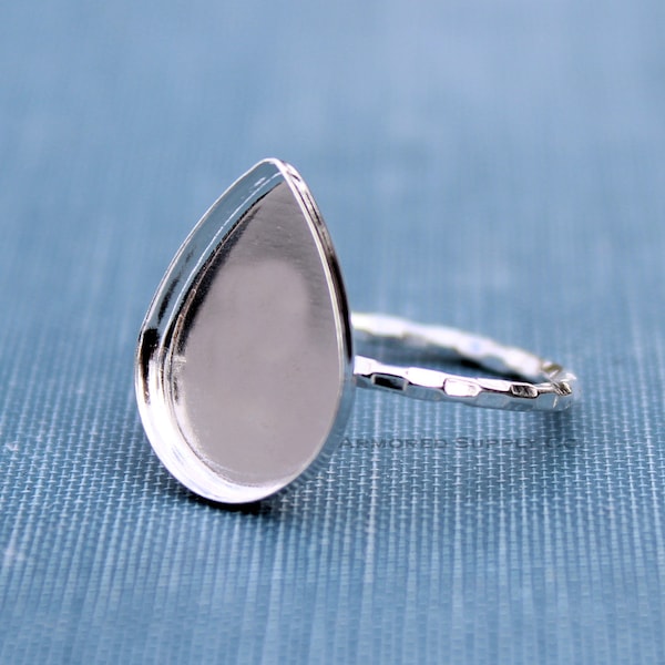 Silver Pear Shaped Bezel Cup Checkered Ring blank, Tear Drop Cabochon Bezel, Cab Pad Breast Milk, jewelry supplies, wholesale jewelry