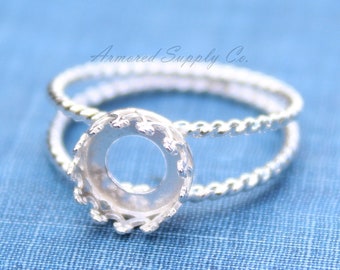 Sterling Silver Double Rope Band Crown Bezel Cup Ring blank, Round Cabochon, Resin Ring, DIY jewelry supplies, wholesale jewelry, diy ring