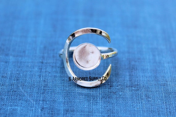 Sterling Silver Hammered Crescent Moon Open Adjustable Bezel Cup Ring blank Round Cabochon Breast Milk jewelry supplies wholesale jewelry