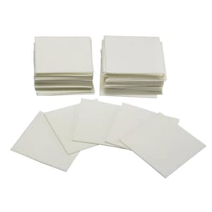 May include: A stack of white, square, paper cloths. There are two stacks of cloths, each with about 20 cloths. There are also five individual cloths laid out on a white background.