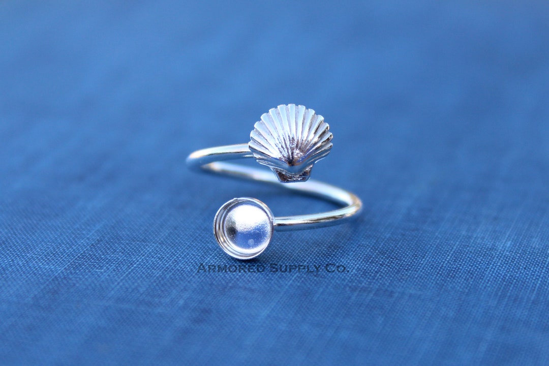 Silver Sea Shell Wrap Adjustable Bezel Cup Ring Blank, Round Cabochon ...