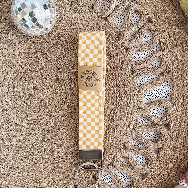 Mini Yellow Checker Key Fob | Retro Wristlet | Birthday Collection Keychains