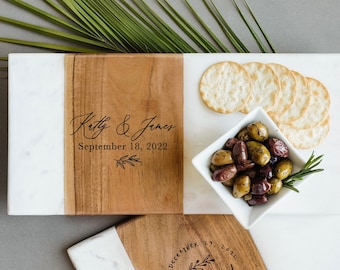 Tablero de charcutería grabado en mármol y madera personalizado, regalo de boda para parejas, regalo de recién casados para parejas, regalo para novia