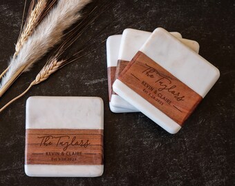 Posavasos de madera y mármol personalizados como regalo de boda, regalo de recién casados personalizado para parejas, regalo de boda único para novia, posavasos de bar