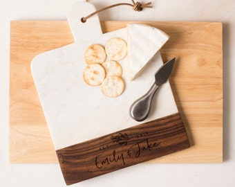 Marble and Wood Engraved Cheese Board, Personalized Cheese Board, Engraved Cutting Board, Newlywed Gift, Wedding Gift