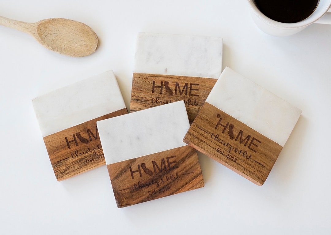 Marble and Wood Engraved Coaster Set Marble Coasters Etsy