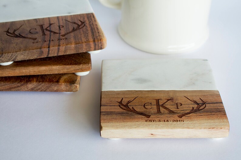Marble and Wood Engraved Coaster Set Marble Coasters Etsy UK