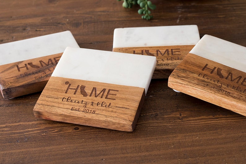 Marble and Wood Engraved Coaster Set Marble Coasters Etsy